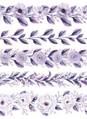 Very Peri. Spring flowers seamless borders set. Collection of isolated clip art elements for design of invitations, cards. Arrangement of pink and white wildflowers.