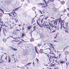 Sehr Peri. Nahtloses Muster der Frühlingsblumen. Botanischer Hintergrund. Arrangement aus rosa und weißen Wildblumen.
