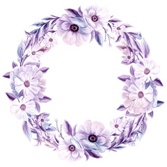 Very Peri. Spring flowers wreath. Isolated clip art element for design of invitations, cards. Arrangement of pink and white wildflowers in the form of a wreath.