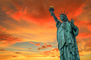 statue of liberty at sunset - obrazy, fototapety, plakaty