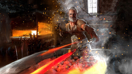 An old gray-haired elf blacksmith works in a workshop, he forges a sword. He's wearing an apron and gloves. sparks and smoke from the coals and from the heat of the furnace fly in the air.2d art - obrazy, fototapety, plakaty