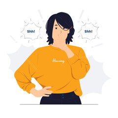 woman with finger on lips shhh gesture asking to be quiet, asks not to make noise, silence, and top secret concept illustration