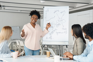 Ambitious smart african american woman presenting new marketing solution