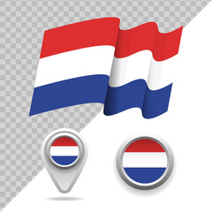 Set of national Netherlands flag. 3D Netherlands flag, map markers and emblem on transparent background vector illustration.