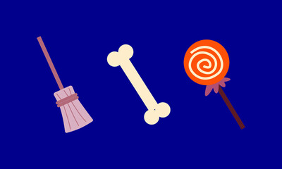 set of Halloween items illustrated in a doodle style. broom, bone, lollipop. the illustrations of spooky objects in a cute drawing style. isolated element decoration.