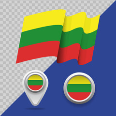 Set of national Lithuania flag. 3D Lithuania flag, map markers and emblem on transparent background vector illustration.