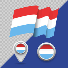 Set of national Luxembourg flag. 3D Luxembourg flag, map markers and emblem on transparent background vector illustration.