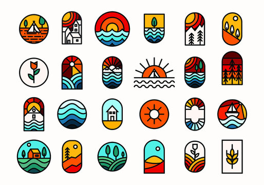 set of monoline badge illustrations. various colorful emblems in a classic and minimalist style. a nature on frame for a creative identity design.