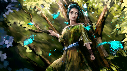 A beautiful elf girl with blue hair is standing in the forest, she is a witch. she's wearing a green dress. she looks at the flying magic blue butterflies. green leaves and sparks in the air 2d art - obrazy, fototapety, plakaty