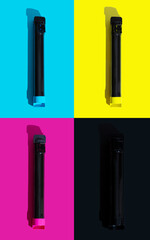 A set of toner cartridges for a color laser printer on the background of SMYK. bright creative...