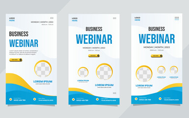 Set of social media stories template with circle frame and wave background, suitable for business webinar, marketing webinar, and other online seminars