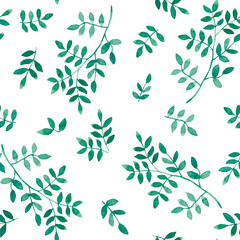 Fototapeta na wymiar Spring green twigs with small leaves in a seamless endless pattern. Painted in watercolor on a white background.