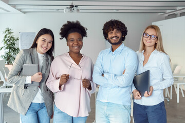 Diverse interracial business team, people diverse group looking at camera