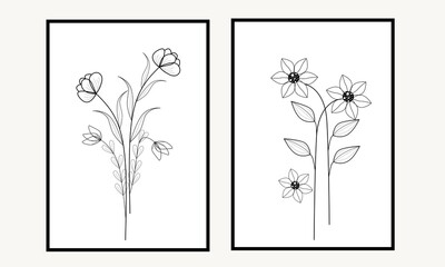 Set two of minimal line art flowers wall art. Minimalist one line art flowers wall decor. Scandinavian home decorations. Florals wall decor.