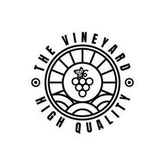 The vineyard Logo of Organic Natural Winery or Wineyard, Quality Label or Badge for a Production Package or Bottle, Minimalistic Outline Concept with land grape and light - obrazy, fototapety, plakaty