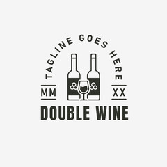 Double wine Logo with bottle and glass of wine vector illustration logo template for wine bar or sommelier courses. Quality Label or Badge for a Production Package or Bottle