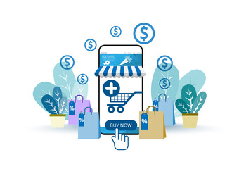 Shopping online. Buy now hand order eCommerce. Web store application payment online. Digital online marketing with screen mobile phone transactions. Blue tone flat graphic design.