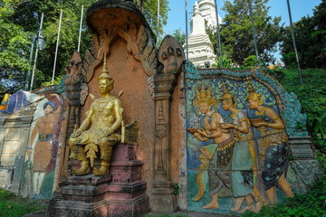 Phnom Penh, Cambodia - January 2022: Wat Phnom is a Buddhist temple and pagoda that symbolizes the name of Phnom Penh on January 22, 2022 in Phnom Penh, Cambodia.