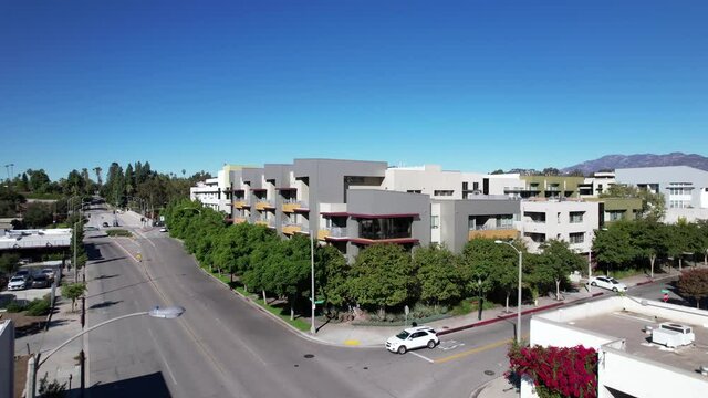Luxury apartments in an community in Pasadena, California - ascending aerial view