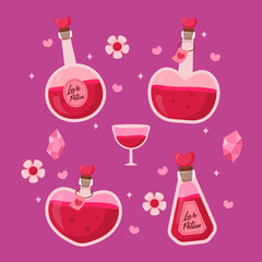Love Potion in flask for fragrance or magical wizard valentine element concept.