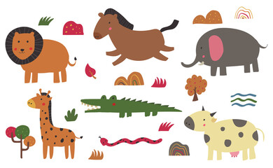 Obraz premium hand drawn whimsical cute wild animal at zoo for kid cartoon boho doodle style