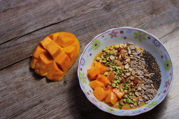 Mango smoothie photograph from top view