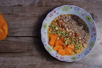 Mango smoothie photograph from top view