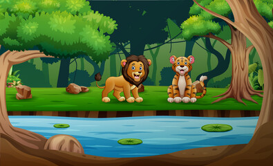 Cute a tiger and lion enjoying by the river