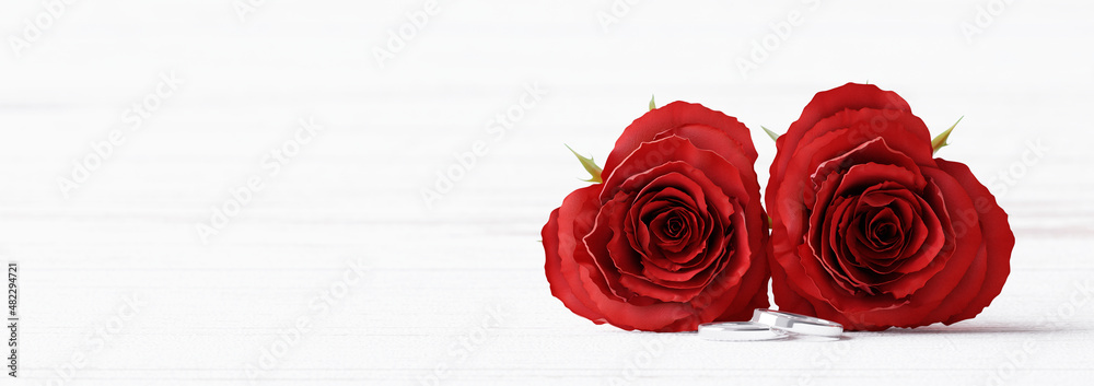 Poster Valentine rose heart shape and ring on red background. Engaged concept, surprise valentine. 3d rendering