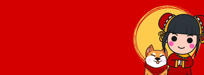Fototapeta premium Chinese New Year, Vector Design ,Cute girl and shiba Inu Concept design on Red background with copy space for text.