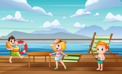 Cartoon kids enjoying the scenery and having fun on deck