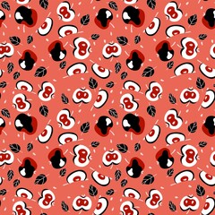 Ripe apples fruit retro seamless pattern vector. Whole and halves apples and leaves by red, orange, black and white colors. Autumn garden harvesting endless texture with apples