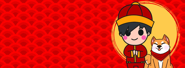 Chinese New Year, Vector Design ,Cute boy and shiba Inu Concept design on Red background with copy space for text.