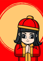 Chinese New Year, Vector Design ,Cute girl Concept design on red background with copy space for text.