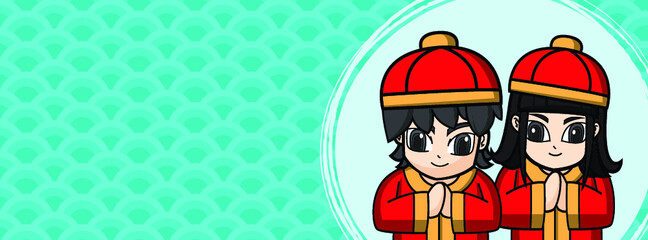 Chinese New Year, Vector Design ,Cute boy and girl Concept design on Green background with copy space for text.