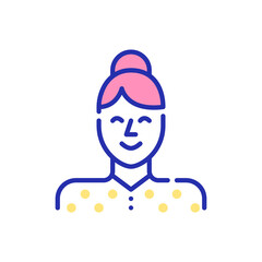 Line art avatar icon. Smiling young professional woman with a bun on her head. PIxel perfect, editable stroke, fun colored