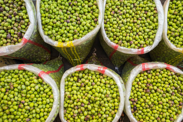 Raw green olives for sale on the food market in Turkey