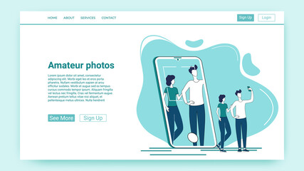 Amateur photos.People take photo photo selfies using a smartphone.Modern technologies for self-expression.An illustration in the style of a green landing page. © NikAndr