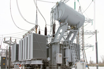 High voltage transformer, power plant in winter