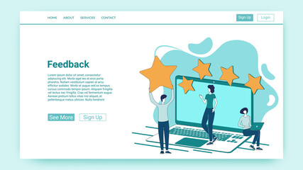 Feedback.People on the background of a laptop are holding rating stars in their hands.Evaluation of success, review of the quality of services.An illustration in the style of a green landing page.