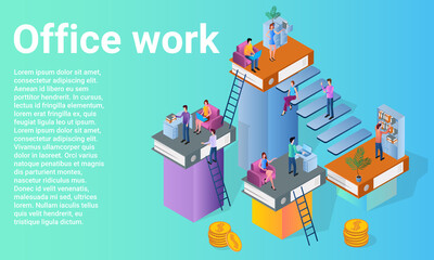 Office work.People in the office work, communicate and brainstorm.A business-style poster.Flat vector illustration.