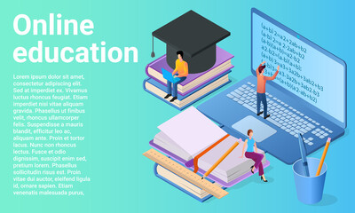 Online education.People on the background of a computer gain knowledge with the help of digital technologies.A business-style poster.Flat vector illustration.