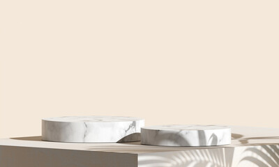 Product display podium with shadow nature leaves on brown background. 3D render