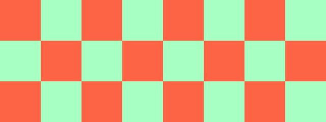Checkerboard banner. Mint and Tomato colors of checkerboard. Big squares, big cells. Chessboard, checkerboard texture. Squares pattern. Background.