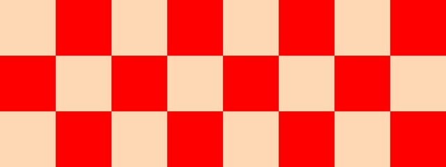 Checkerboard banner. Red and Apricot colors of checkerboard. Big squares, big cells. Chessboard, checkerboard texture. Squares pattern. Background.