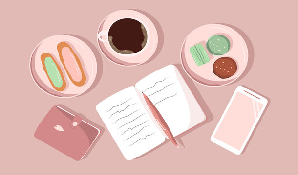 vector flat style illustration - scribbled notebook, coffee, smartphone and cakes.
