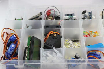 Collection of microcontroller parts in a box, Micro servo, LCD display and other electronic...
