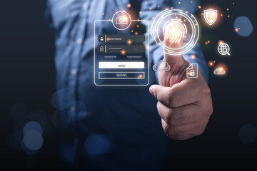 Cyber security concept, finger scan print login, private data encryption, internet security. Businessman scanning his finger to gain access to privacy and data protection from hacking.