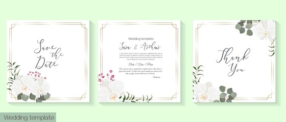 Floral design for wedding invitations. White orchid, eucalyptus, dense greenery, green plants and leaves, polygonal frame. Vector template for a postcard. Invitation card, thanks