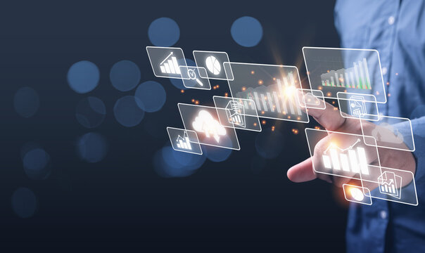 Accounting, financial, stock trading, business growth charts graph, investment analysis, and stock market analysis concept. Businessman touching point on business growth graph, market analysis.